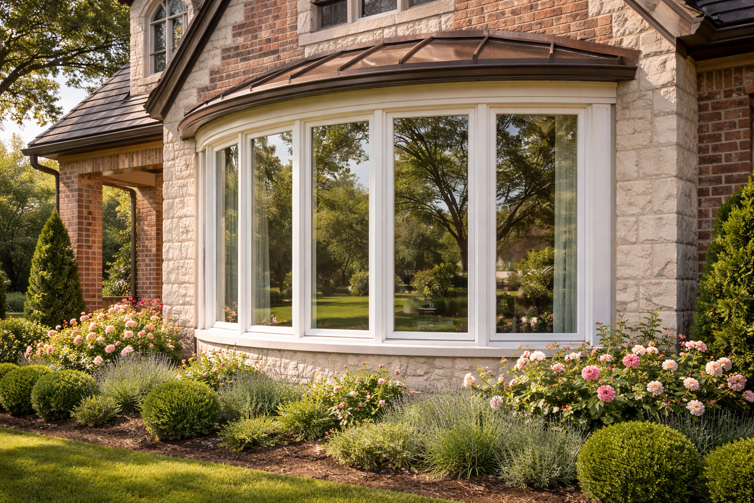 Bow windows on a brick home in Dallas, TX