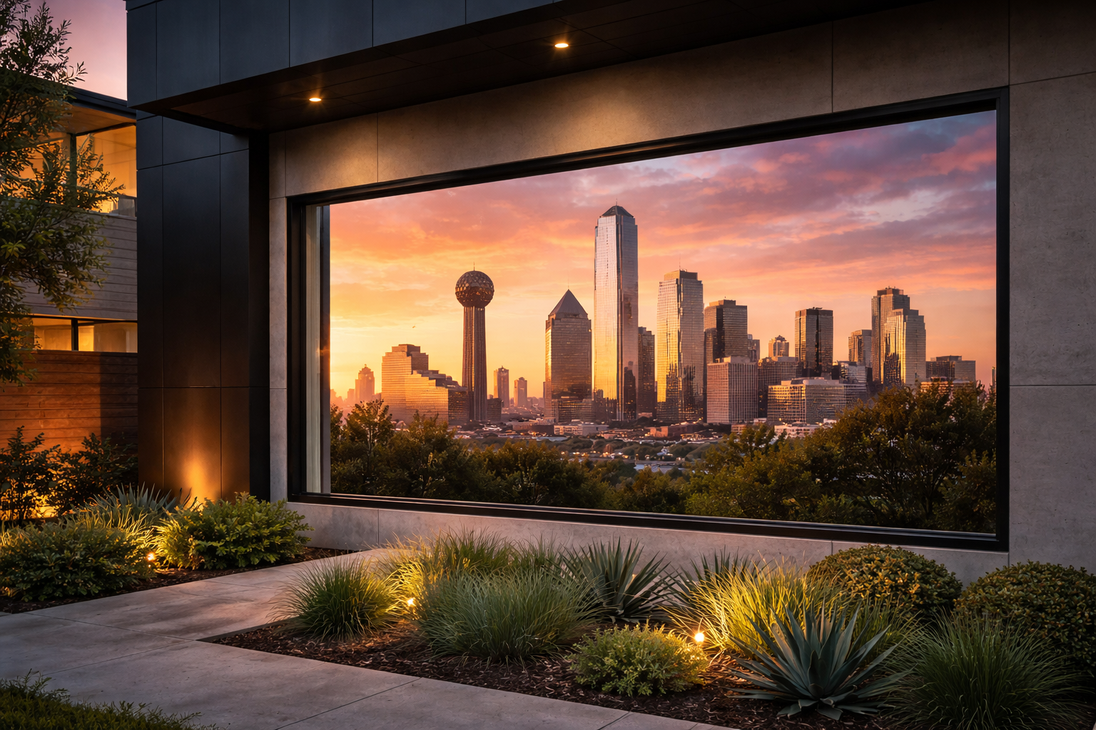 Large picture window with Dallas, Texas skyline view