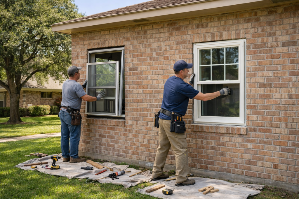 Window replacement in progress on a brick home in Dallas, Texas